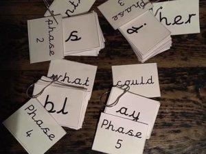 Cursive keyring flash cards in phases 2-5 with common exception words
