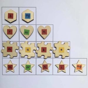 Environmentally friendly, colour coded phonics tiles for word building