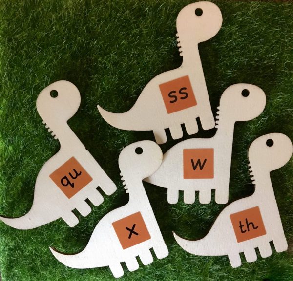 wooden dinosaur toy, phonics letters and sounds