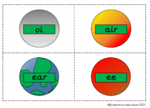 Print and cut out to learn Phase 3b phonics.  This activity is space themed and can be used for many games including: snap, pairs and so on. Phases 2-5 are also available.